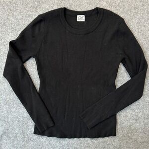 Cielo Ribbed Knit Long Sleeve Top Large Black Crew Neck Stretch